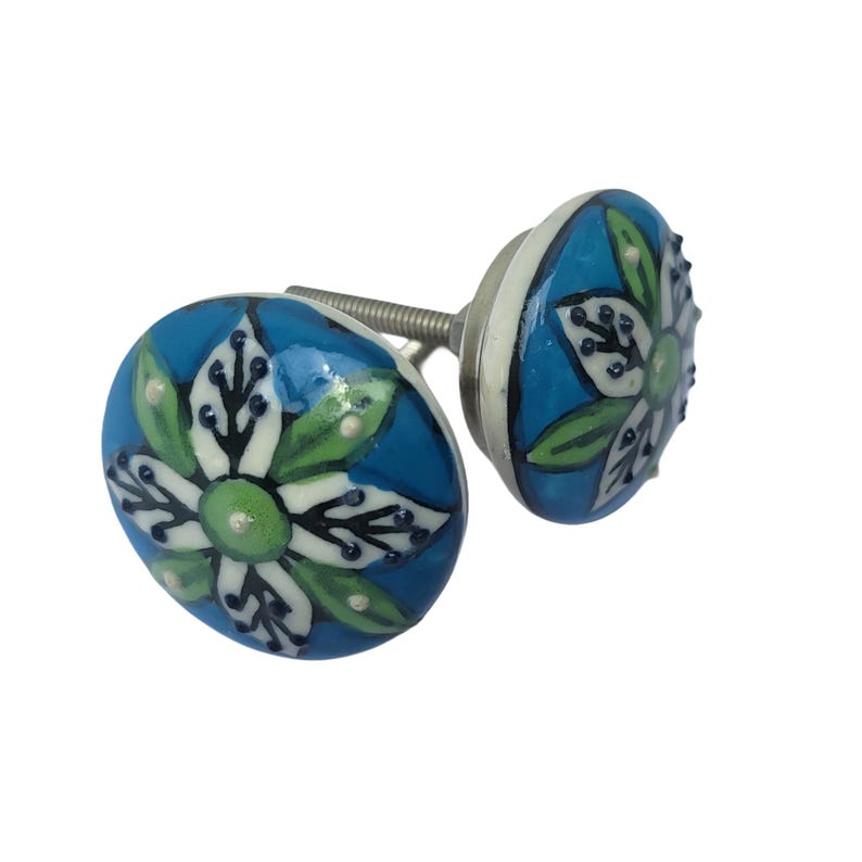 May include: Two decorative cabinet knobs. Each knob features a blue background with a white and green floral design. The knobs have a silver metal screw and a white border. These knobs are perfect for adding a touch of color to any cabinet or drawer.