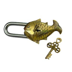 Antique Padlock Brass Hand Crafted Working Decorative Small Fish Shape Padlock