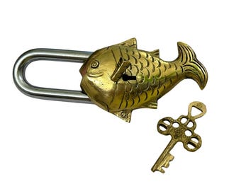 Antique Padlock Brass Hand Crafted Working Decorative Small Fish Shape Padlock