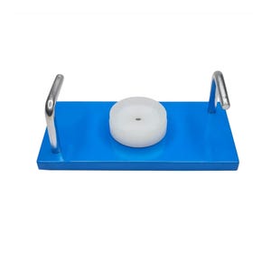 May include: A blue wooden base with two silver metal handles and a white plastic disc in the center.