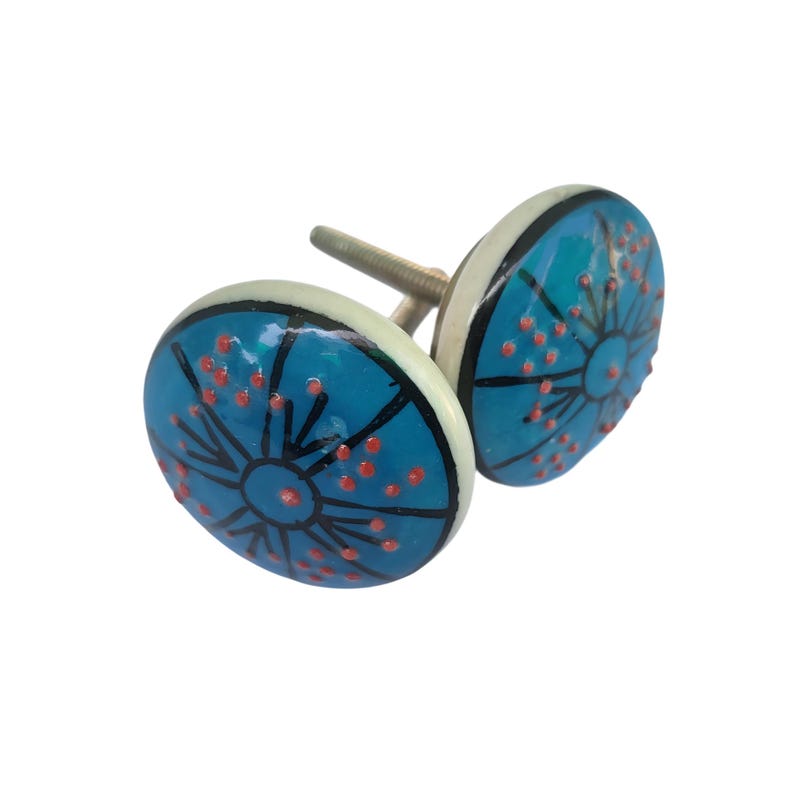 May include: Two blue and white ceramic cabinet knobs. Each knob has a teal blue face with a black and red design. The edges are white with a black border. The knobs are attached to a silver screw.