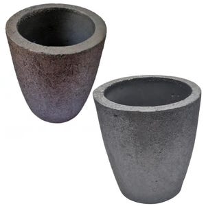 May include: Two gray, cone-shaped crucibles with a rough texture. The crucibles have a wide, open top and a tapered body. One crucible is a darker gray than the other. These are used for melting metals.