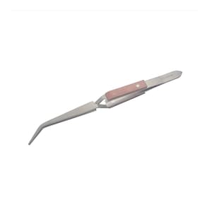 May include: A pair of angled tweezers made of silver-colored metal with a light brown handle. The word "TITANIUM" is printed on the side of the tweezers. The tweezers are designed for precision work.