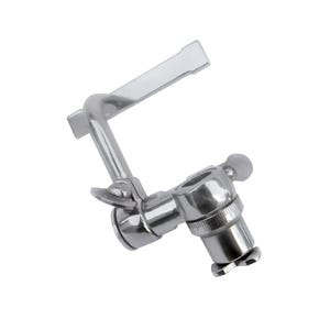 May include: A shiny, chrome-finished faucet component with a lever and multiple joints. The design includes a curved arm, a lever, and a threaded base, suggesting a mechanism for controlling water flow.