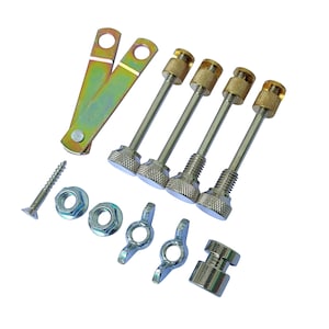 May include: A set of metal hardware for furniture assembly. The set includes four silver screws with brass collars, four silver wing nuts, two silver nuts, one silver screw, and a silver metal bracket.