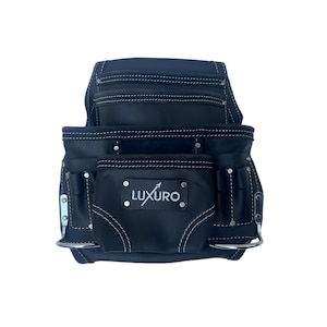 May include: Black leather tool belt with multiple pockets and compartments. White stitching accents the edges and pockets. The brand name "LUXURO" is printed on the front pocket. Metal hardware is visible on the sides.