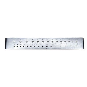 May include: A rectangular, silver-colored metal ruler with etched markings and triangular cutouts. Numbers and letters are etched along the top and bottom edges. The ruler is designed for precision measurement and marking.