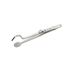 May include: Silver-toned tweezers with a locking mechanism and a curved tip. The tweezers have a round, textured end.