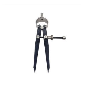 May include: A metal compass with dark blue legs and a silver adjustment wheel. The compass has sharp points at the ends of the legs and is designed for precise measurements and drawing circles. The tool is used in drafting and geometry.