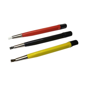 May include: Three cleaning tools with different colored handles: red, black, and yellow. Each tool has a small brush on the end.