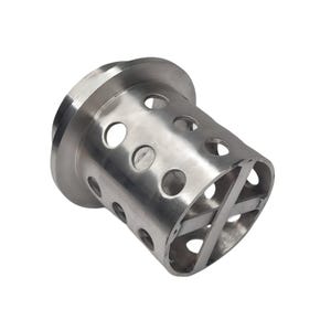 May include: A stainless steel cylindrical component with multiple circular perforations. The component has a flared base and a cross-shaped internal structure. The metal has a polished, reflective surface.