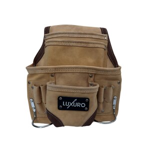 May include: A tan leather tool belt with multiple pockets and a brown trim. The belt has a central pouch with the text "LUXURO" on a black label, and metal loops for hanging tools.