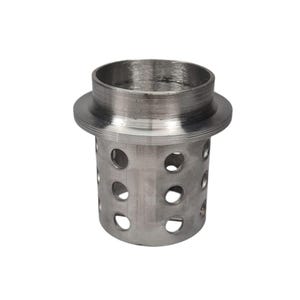 May include: A cylindrical metal strainer with a flared top and a series of evenly spaced holes around the sides. The metal has a brushed finish, and the object appears to be new.
