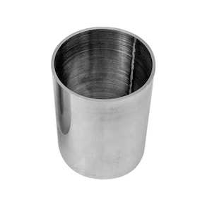 May include: A stainless steel cylindrical measuring cup. The cup is silver and has a smooth, reflective surface. The interior of the cup is visible, showing the inside of the cylinder. The cup is designed for measuring ingredients.
