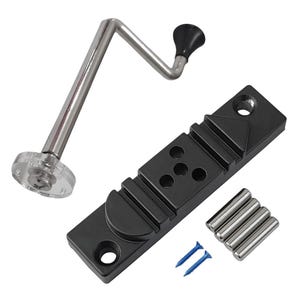 May include: A collection of jewelry-making tools, including a black bench pin, silver-colored pins, blue screws, and a silver-colored mandrel with a black handle. The bench pin has a variety of shapes and holes.