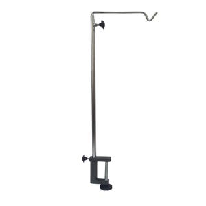 May include: A silver metal clamp-on stand with a black clamp and a curved arm. The stand is adjustable in height and can be used to hold a variety of items.