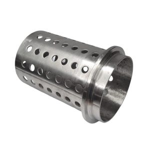 May include: A cylindrical metal component with numerous evenly spaced circular perforations. The object has a flared end and a smooth, polished surface. The overall design suggests a filter or a similar industrial part.
