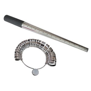 May include: A set of silver-colored ring sizers and a ring mandrel. The ring sizers are arranged in a semi-circle, connected by a wire, and include a small, round metal tag. The mandrel is a tapered rod with measurements.