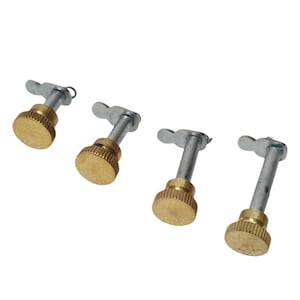 May include: Four metal fasteners, each featuring a circular, textured brass-colored knob attached to a silver-toned cylindrical shaft. At the end of each shaft is a flat, pivoting silver-colored metal tab designed for securing components in place.