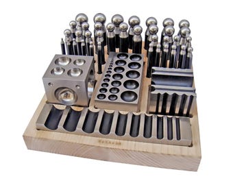 Complete Steel Metal Jewelry Dapping Doming Punch Set Wooden Block Base Tool