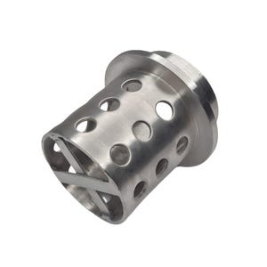 May include: A silver metal filter with a cylindrical shape and a circular base. The filter has multiple holes and a cross-shaped design on the side.