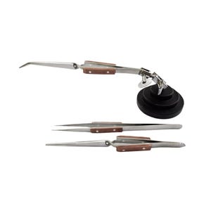 May include: A set of three stainless steel tweezers with wooden handles. The tweezers have different tip shapes and are used for soldering and other delicate tasks. The set includes a magnifying glass stand.
