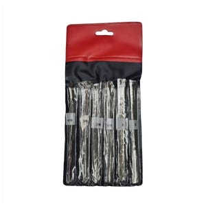May include: A set of six metal drill bits packaged in a red and black plastic sleeve. The drill bits are labeled with sizes 4/0, 3/0, 2/0, 1/0, 1, and 2.