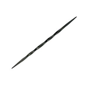 May include: A black, twisted metal rod with a pointed end. The rod has a spiral design along its length, and it tapers to a sharp point. The object is set against a white background.