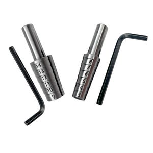 May include: Two silver ring sizers with numbered sizes from 3 to 14, and two black hex keys. The ring sizers are cylindrical with a conical shape, and the numbers are etched into the metal. The tools are for jewelry making.