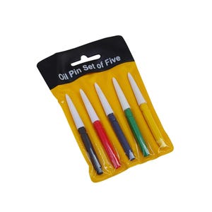 May include: A set of five oil painting tools in a yellow and black plastic package. The tools are white with black, red, blue, green, and yellow handles. The package says "Oil Pin Set of Five".