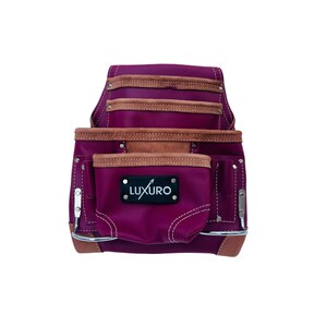 May include: A purple leather tool belt with multiple pockets and brown accents. The tool belt has a rectangular black label with the word "LUXURO" printed on it. The tool belt is designed for carrying tools.