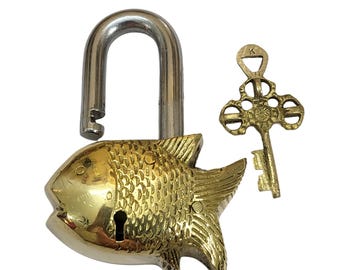 Antique Padlock Brass Hand Crafted Working Decorative Small Fish Shape Padlock