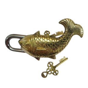 Antique Padlock Brass Hand Crafted Working Decorative Big Fish Shape Padlock