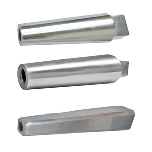 May include: Three polished metal handles with a cylindrical body and a square end. The handles are silver and have a hole at the end of the cylindrical body. The handles are likely for tools or machinery.