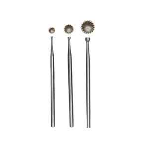 May include: Set of three metal tools with different sized round tips. The tips are silver and the handles are silver.