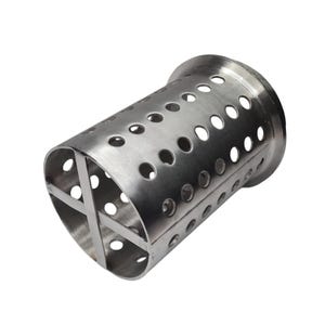 May include: A cylindrical metal strainer with numerous circular perforations. The stainless steel object has a flared rim on one end and an internal cross-shaped support structure. The design suggests use in food preparation or industrial filtration.