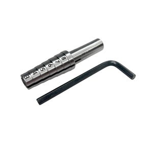 May include: A silver-colored ring sizer tool with numbered rings from 3 to 8. A black hex key is positioned next to the ring sizer. The ring sizer is used to determine ring sizes.