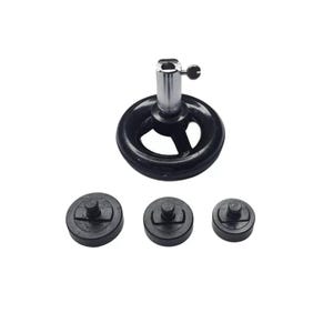 May include: A black sewing machine foot with a silver adjustment knob and three black presser feet.