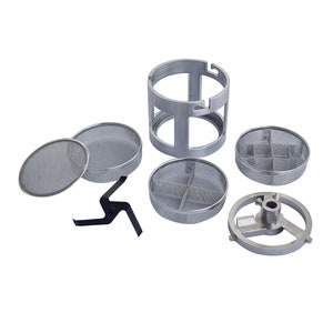 May include: A set of silver-colored metal mesh filters for a food grinder. The set includes a cylindrical filter, a round filter with four sections, a round filter with a single section, a round filter with a single section, and a silver-colored metal blade.
