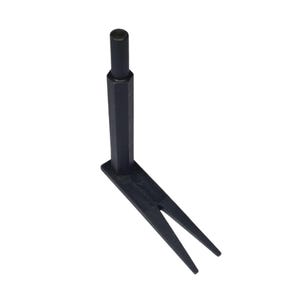 May include: Black metal tool with a long, straight handle and a forked end. The tool is designed for prying or lifting.