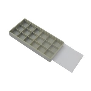 May include: A gray plastic storage box with a hinged lid. The box has 20 compartments and is open to reveal the compartments.