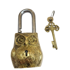 Antique Padlock Brass Hand Crafted Working Decorative Owl Face Shape Padlock