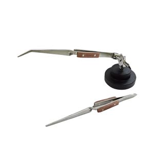 May include: Two pairs of tweezers with wooden handles and a black base. The tweezers are made of stainless steel and have a curved tip. The base is a magnetic stand.