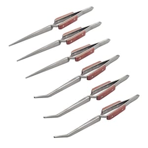May include: Set of six stainless steel tweezers with wooden handles. The tweezers have a pointed tip and are ideal for precision work.