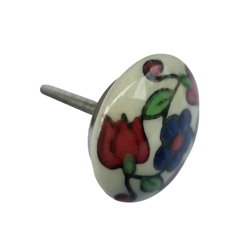 May include: Oval ceramic cabinet knob with a floral design. The knob features a cream-colored base with red, blue, and green floral accents. The metal screw is silver. This decorative knob is suitable for drawers and cabinets.