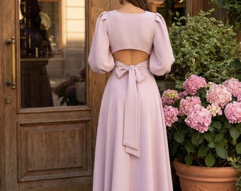 Powder Pink Midi Wedding Guest Dress With Puff Sleeves And Back Cutout