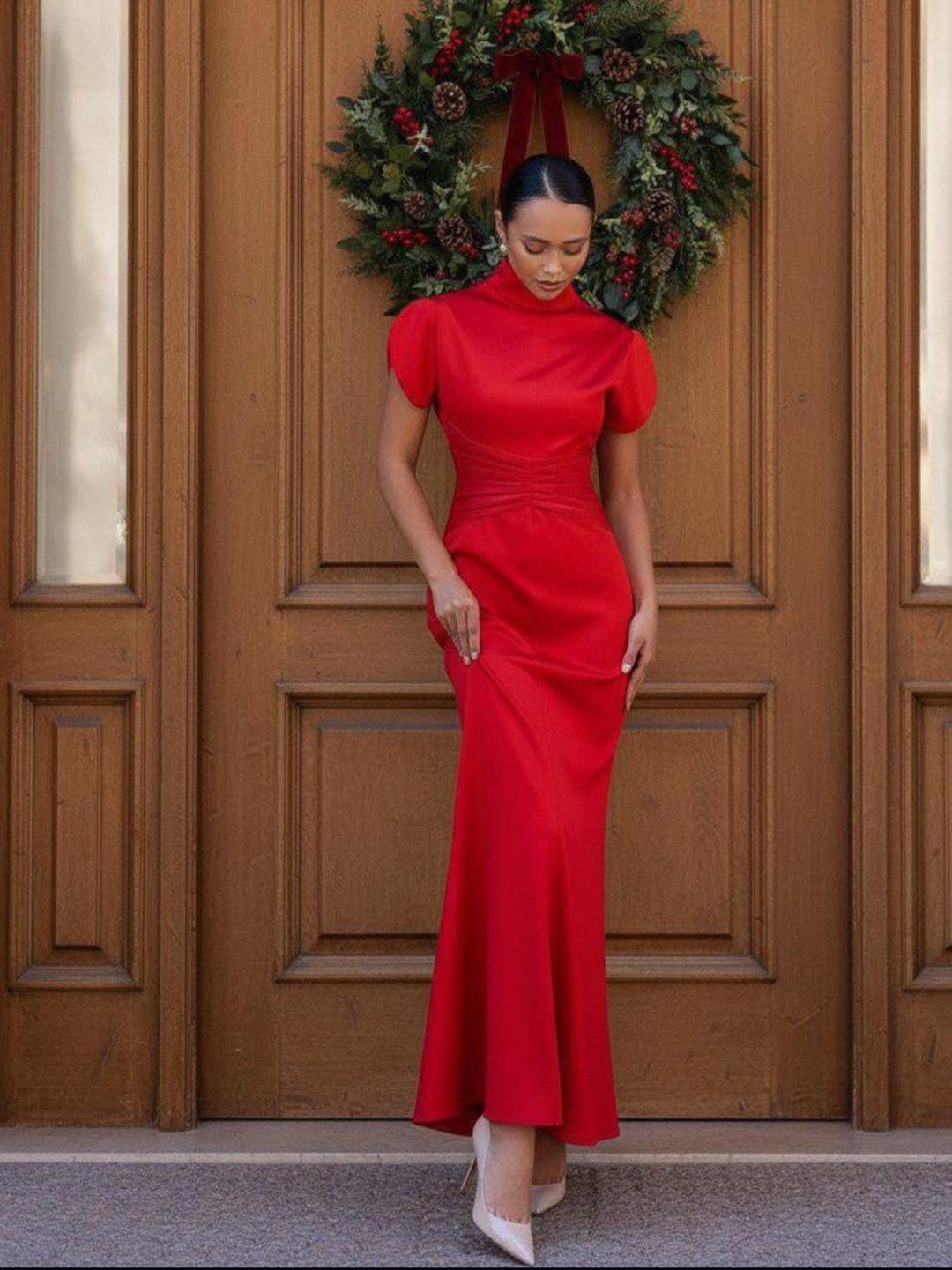 Red Satin Maxi Dress – Elegant High Neck Evening Gown for Formal Events