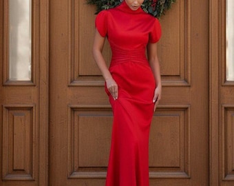 Red Satin Maxi Dress – Elegant High Neck Evening Gown for Formal Events