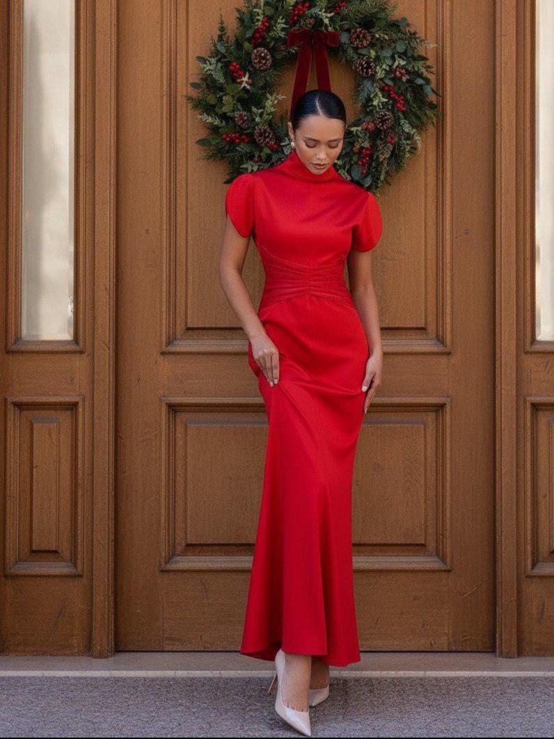 Red Satin Maxi Dress – Elegant High Neck Evening Gown for Formal Events