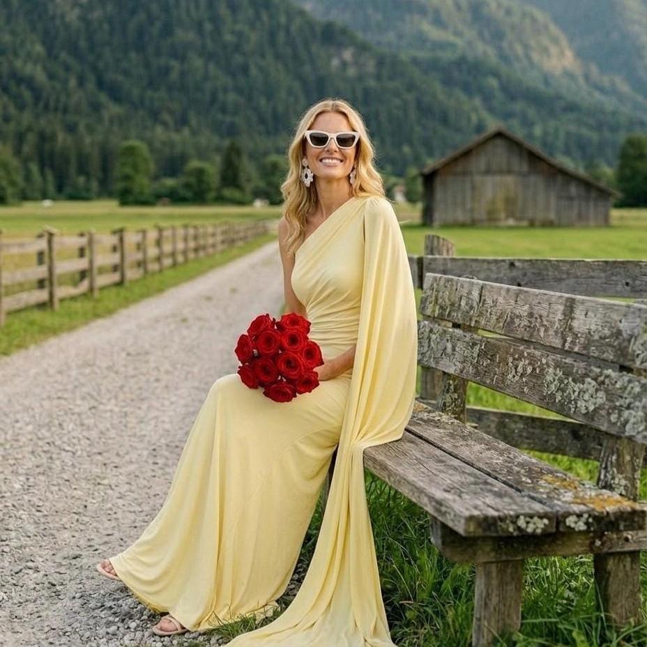 Pastel Yellow One Shoulder Dress, Cape Sleeve Ruched Maxi, Rustic Barn ...